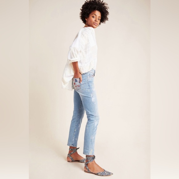 New Pilcro mid-rise paint splattered straight leg boyfriend jeans embroidered - Picture 2 of 9